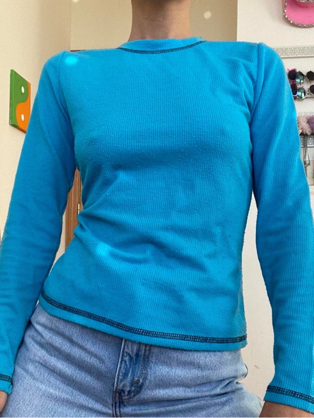 Vintage Thermal Ribbed Long Sleeve Blue Top